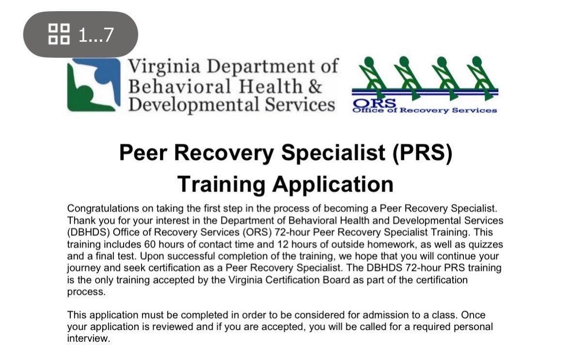 Peer Recovery Specialist 72/hr. Training